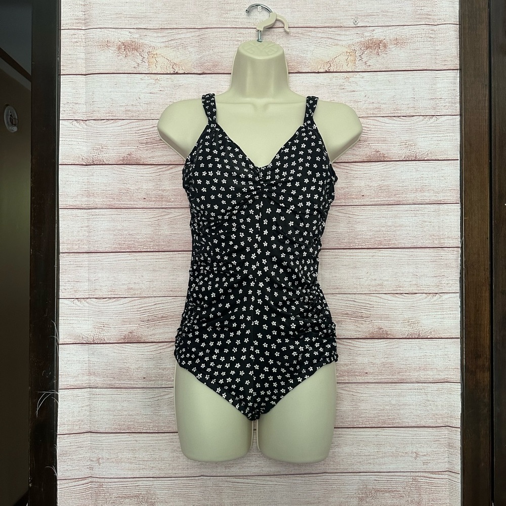 Black swimsuit with white flowers